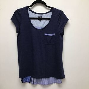 One September Womens Blouse Blue Stripe Short Sleeve Scoop Neck Pocket Hi Low XS